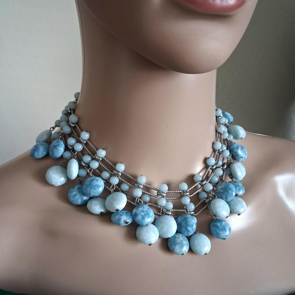Vintage 50s Kramer New York Blue Marbled Bead Triple Strand Bib Necklace RARE